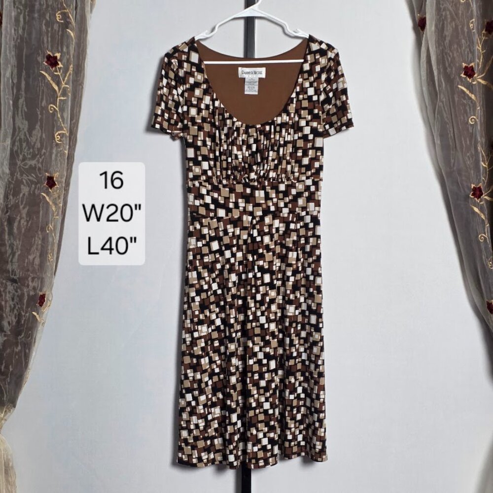 Danny & Nicole Dress Women's 16 Brown Geometric Square Print Scoop Neck Midi